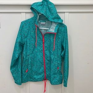 Columbia Fun Print Rain Jacket Teal and Bright Coral S